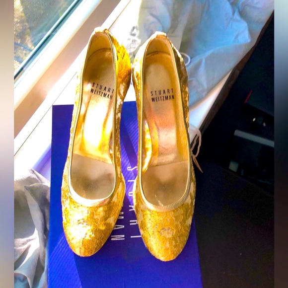 Stuart Weitzman gold lace high heels main image 1